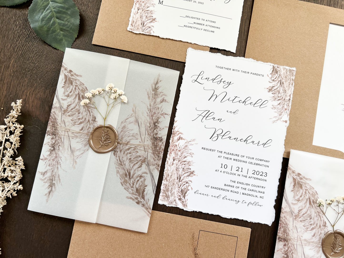 Pampas Grass and Baby’s Breath Wedding Invitation with Deckled Edge, Vellum with Wax Seal
