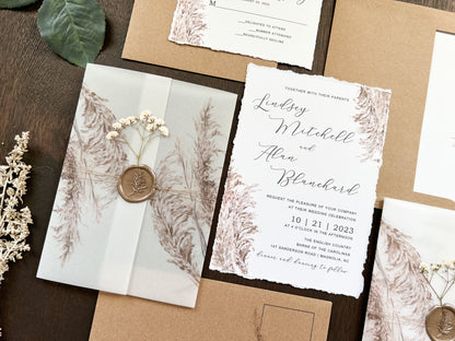 Pampas Grass and Baby’s Breath Wedding Invitation with Deckled Edge, Vellum with Wax Seal