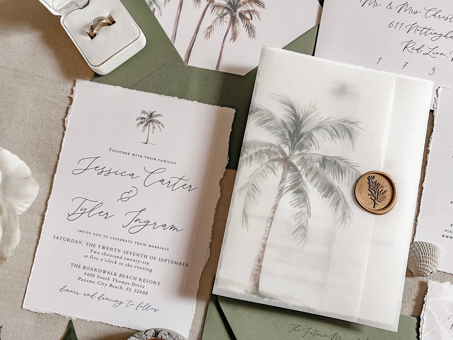 Tropical Wedding Invitation with Palm Tree, Vellum & Wax Seal