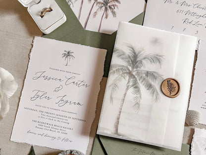 Tropical Wedding Invitation with Palm Tree, Vellum & Wax Seal