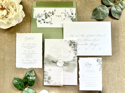 Greenery Vellum Wedding Invitation with Ribbon, Wax Seal & Deckled Edge