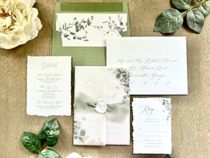 Greenery Vellum Wedding Invitation with Ribbon, Wax Seal & Deckled Edge