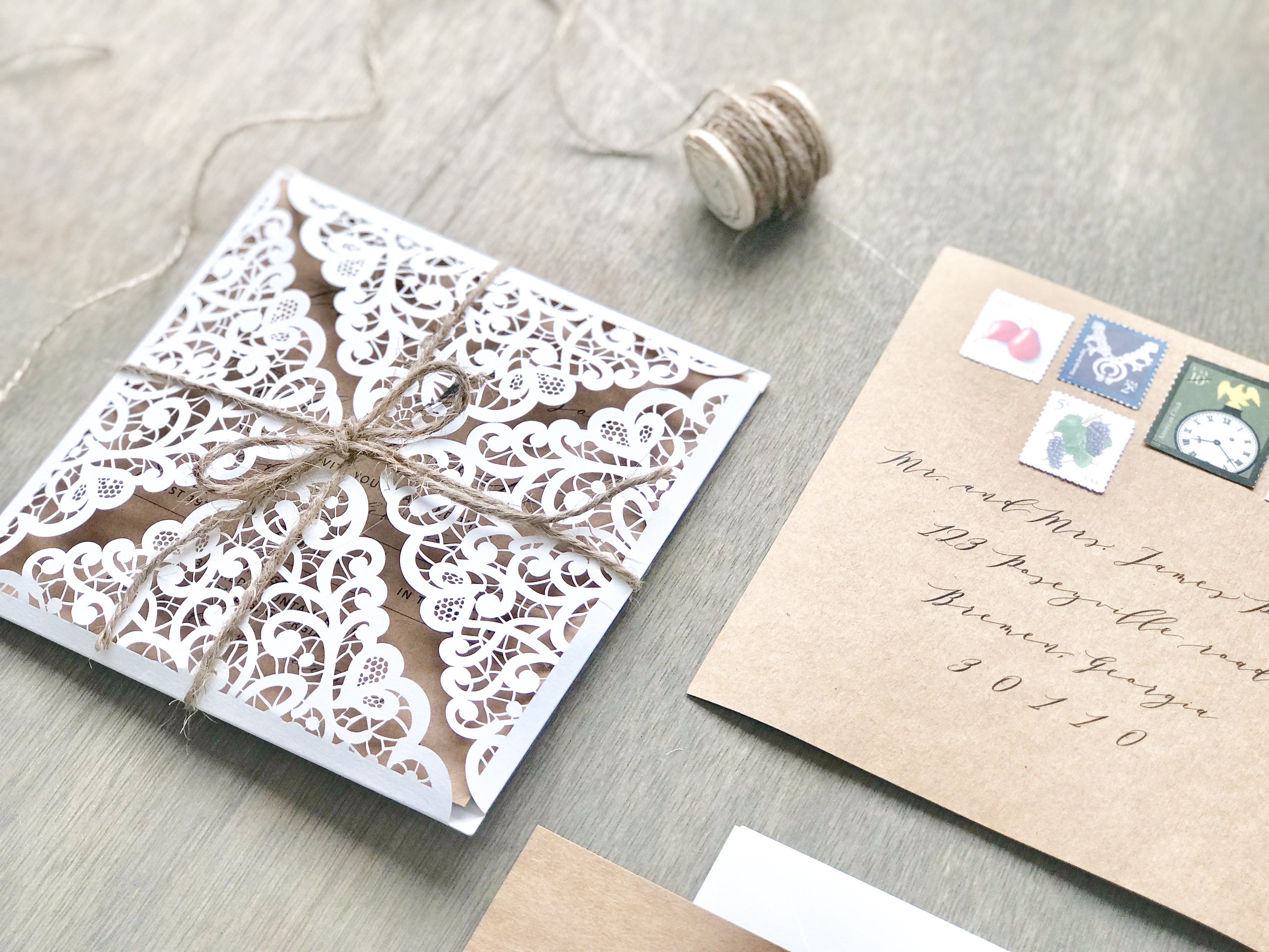 Rustic Laser Cut Wedding Invitation with Twine