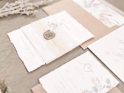 Floral Pampas Grass Wedding Invitation with Deckled Edging, Vellum Belly Band, Chiffon Ribbon, Dried Baby’s Breath and Wax Seal