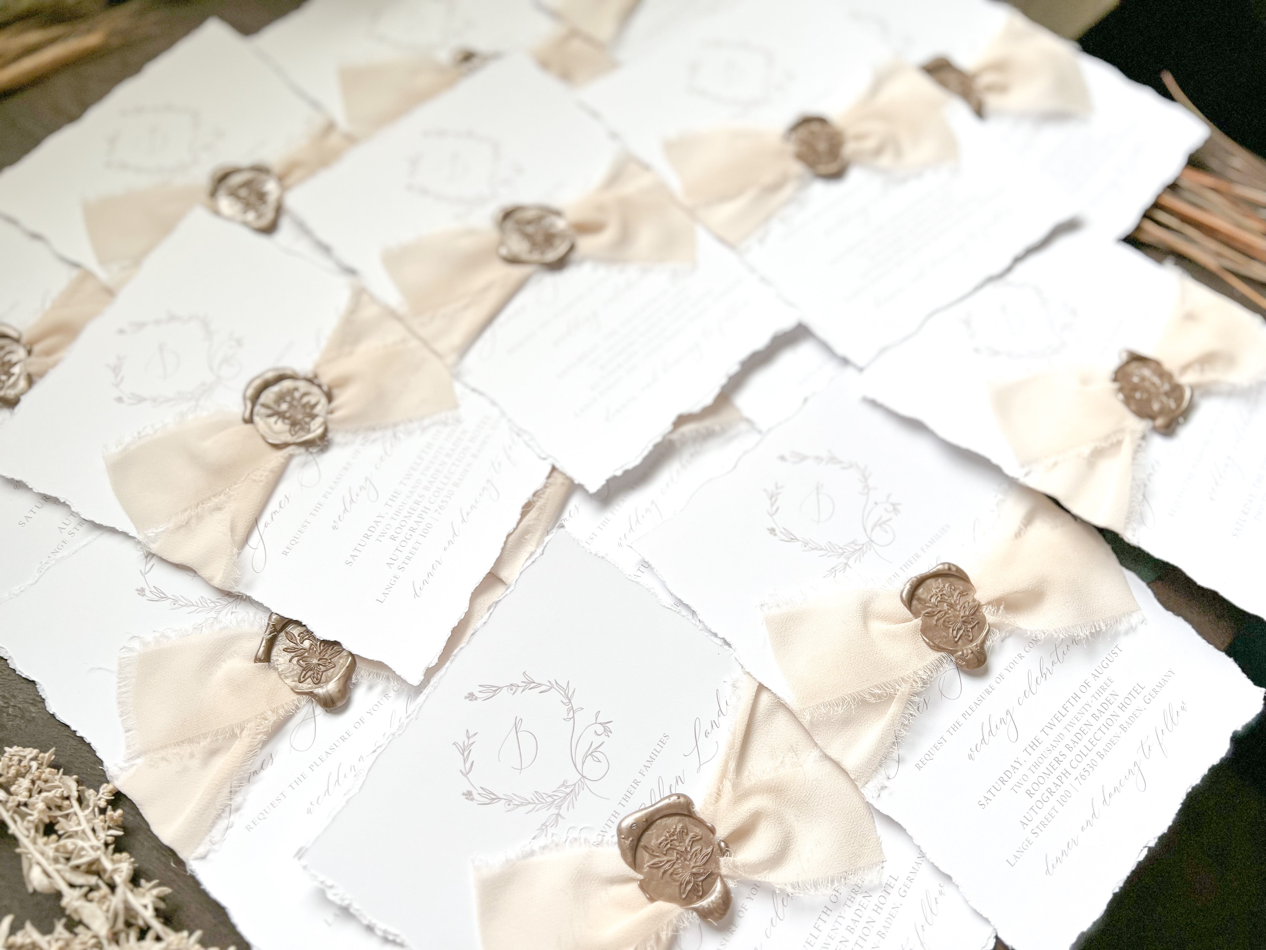 Classy Formal Elegant Wedding Invitation with Deckled Edging, Light Nude Chiffon Ribbon & Wax Seal