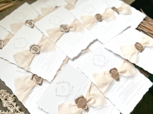 Classy Formal Elegant Wedding Invitation with Deckled Edging, Light Nude Chiffon Ribbon & Wax Seal