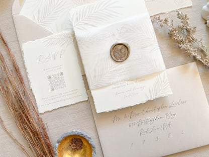 Tropical Palm Leaf Wedding Invitation with Vellum & Wax Seal