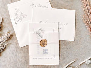 Contemporary Ivory Wedding Invitation with Baby’s Breath, Deckled Edging, Vellum Belly Band and Wax Seal