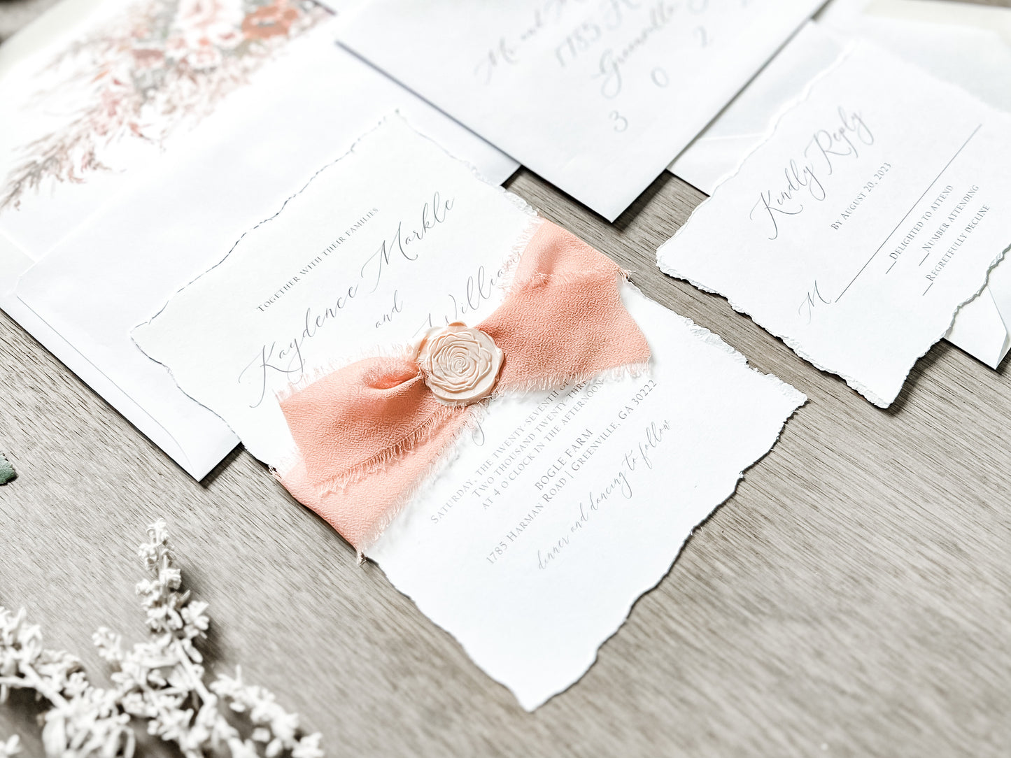 Rose Gold Ribbon Wedding Invitation with Deckled Edging and Blush Pink Wax Seal