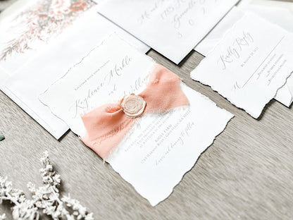 Rose Gold Ribbon Wedding Invitation with Deckled Edging and Blush Pink Wax Seal