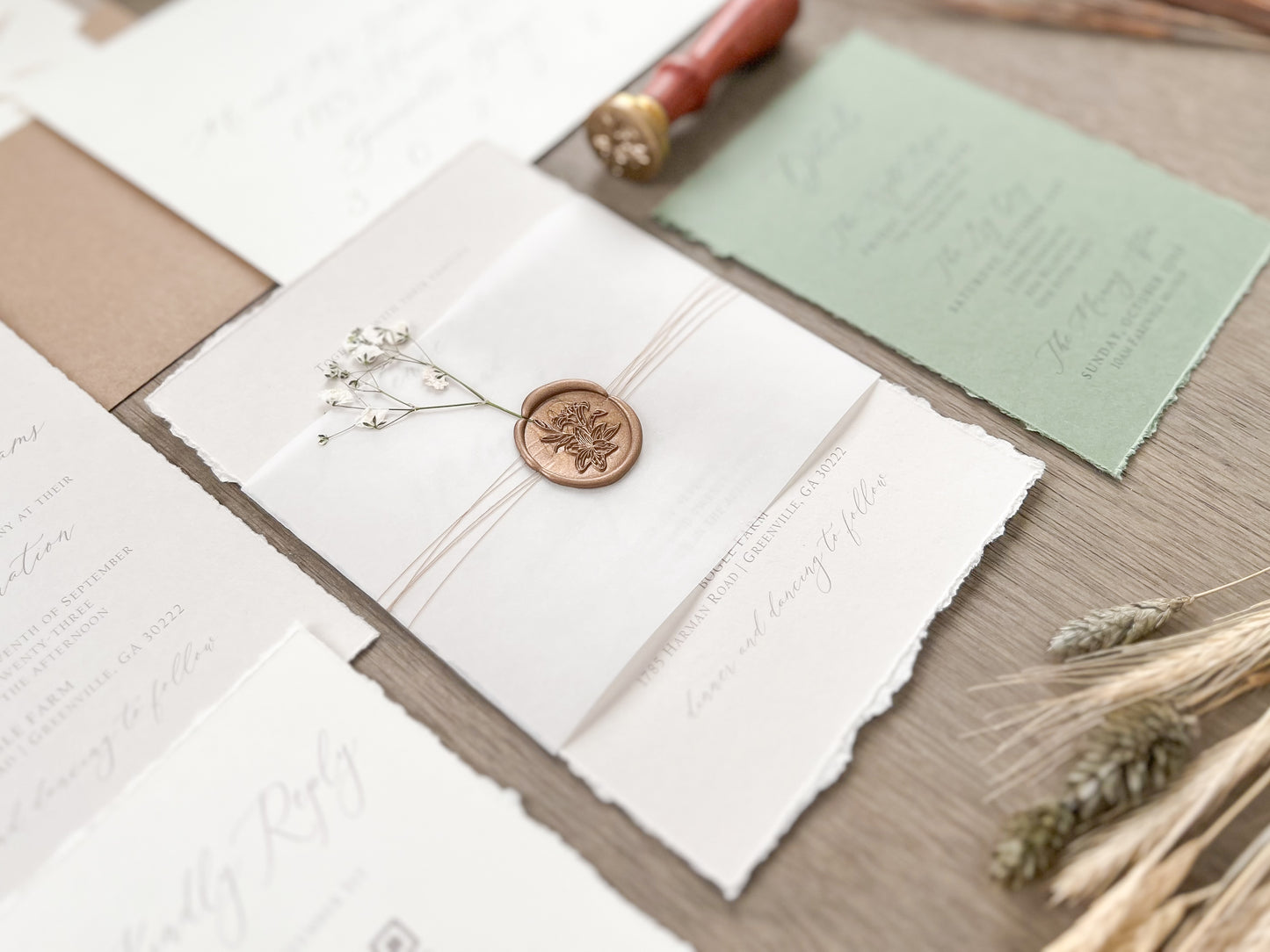 Baby’s Breath Wedding Invitation with Deckled Edging, Baby’s Breath, Vellum Belly Band and Wax Seal