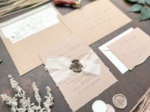 Rustic Elegant Wedding Invitation with Deckled Edging, Light Nude Chiffon Ribbon & Chocolate Wax Seal