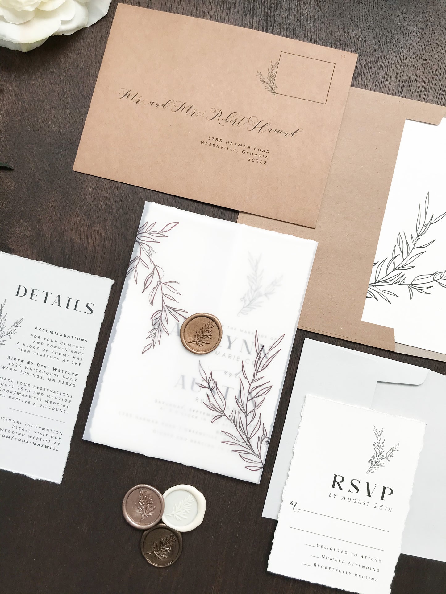 Contemporary Modern Boho Wedding Invitation with Deckled Edging, Vellum and Antique Gold Wax Seal