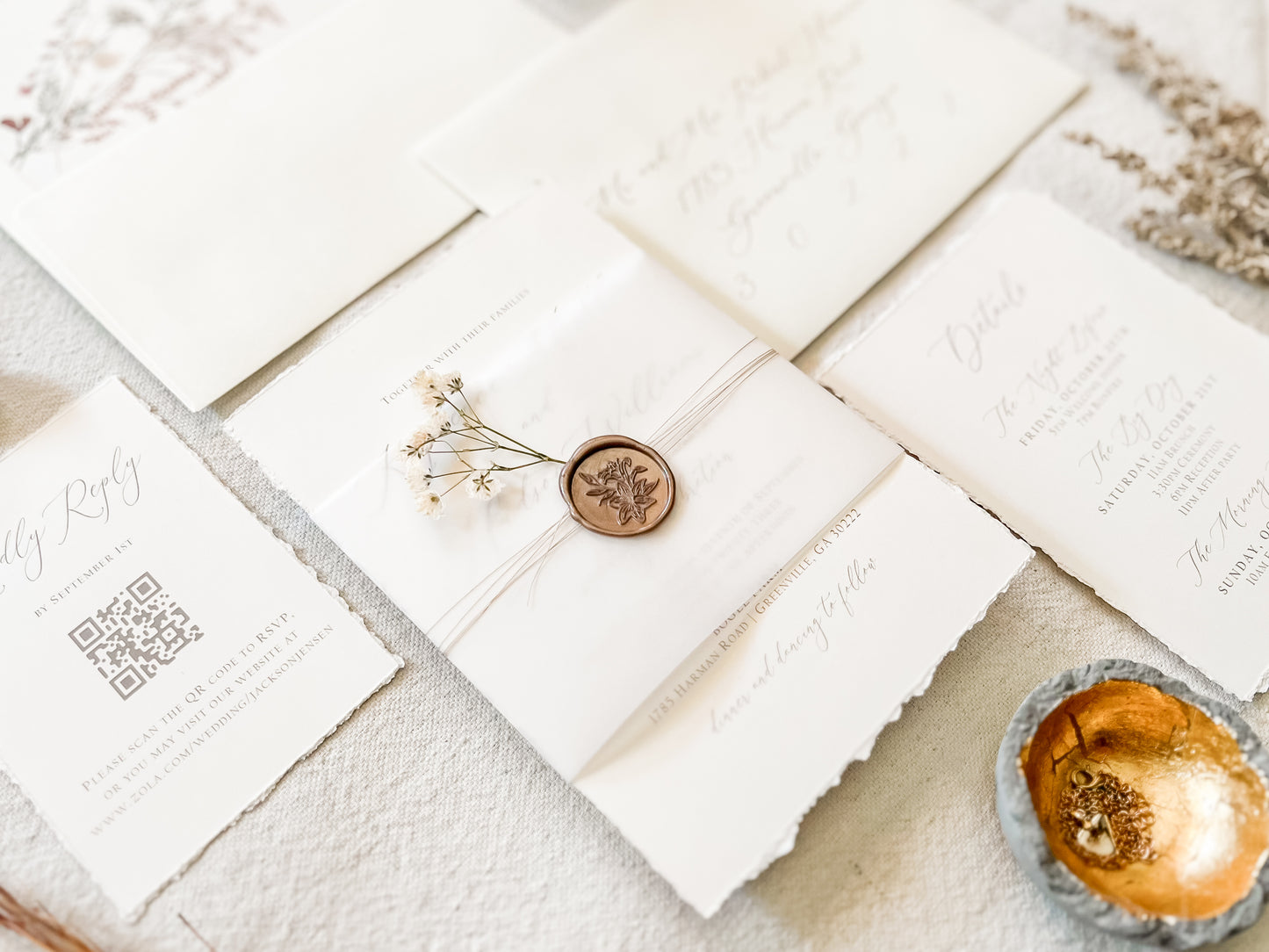 Elegant Ivory Baby’s Breath Invitation with Deckled Edging