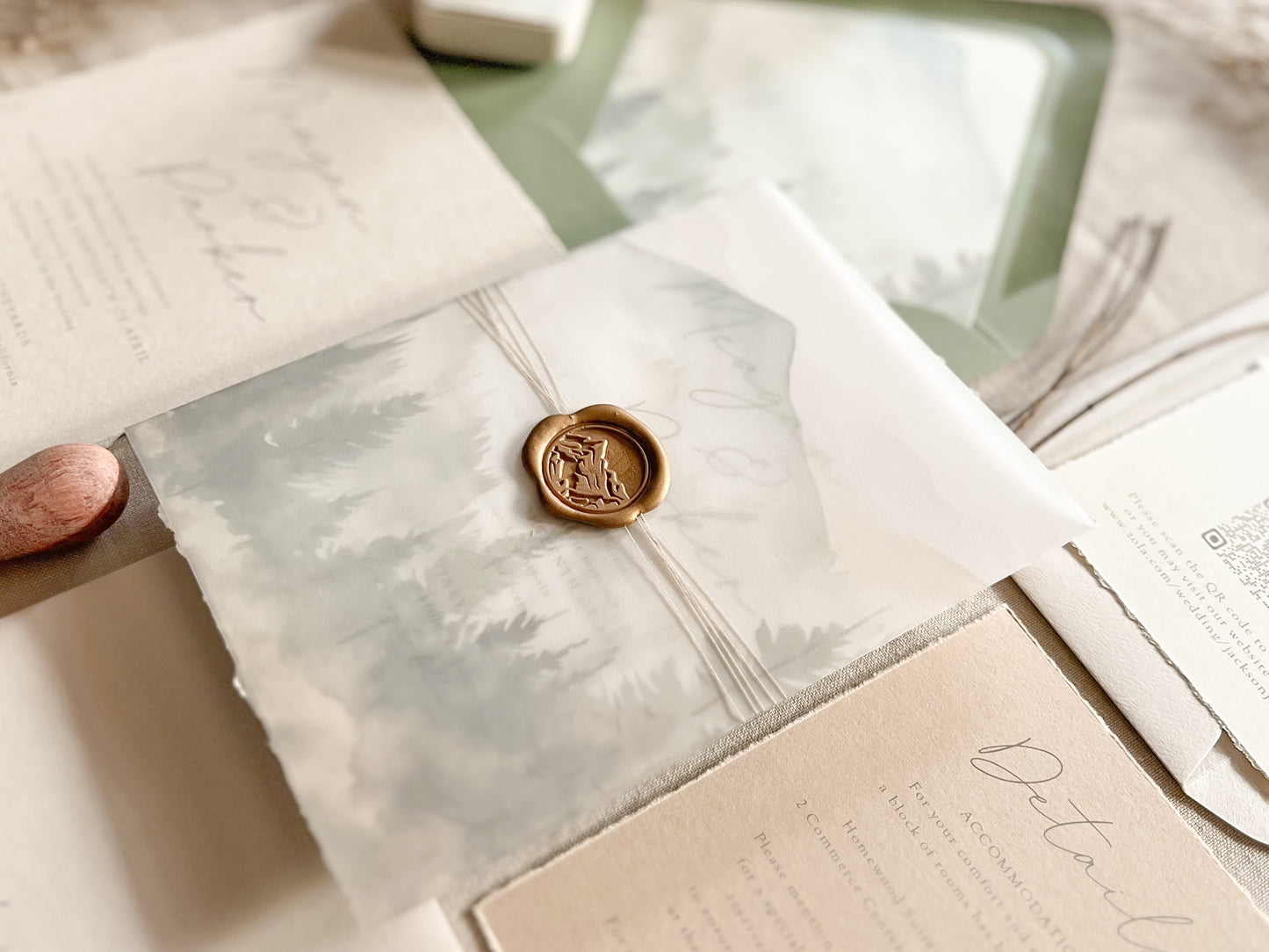 Mountain Wedding Invitation with Vellum, Deckled Edge & Wax Seal