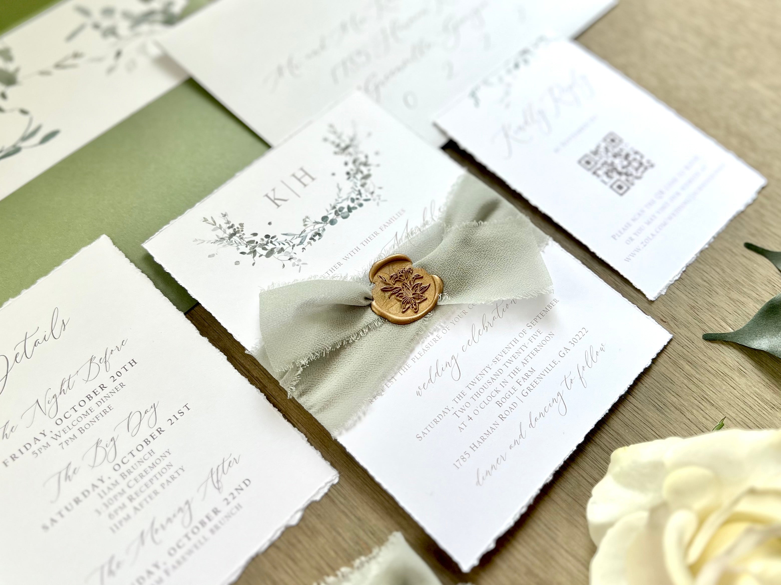 Monogram Laurel Wreath Wedding Invitation with Muted Sage Green Chiffon Ribbon & Wax Seal with Deckled Edging