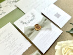 Monogram Laurel Wreath Wedding Invitation with Muted Sage Green Chiffon Ribbon & Wax Seal with Deckled Edging