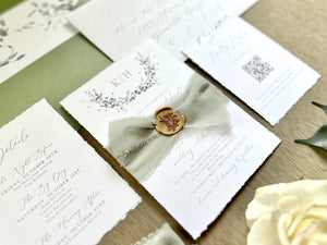 Monogram Laurel Wreath Wedding Invitation with Muted Sage Green Chiffon Ribbon & Wax Seal with Deckled Edging