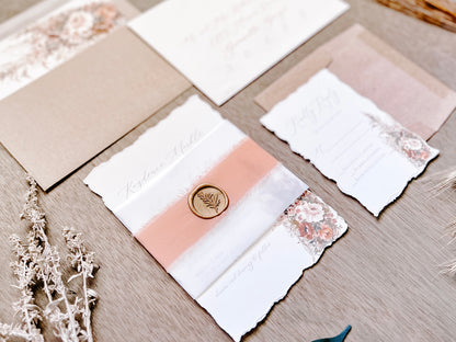 Rose Gold Wedding Invitation with Pampas Grass, Terracotta Beige Florals, Deckled Edging, Vellum Belly Band, Chiffon Ribbon and Wax Seal