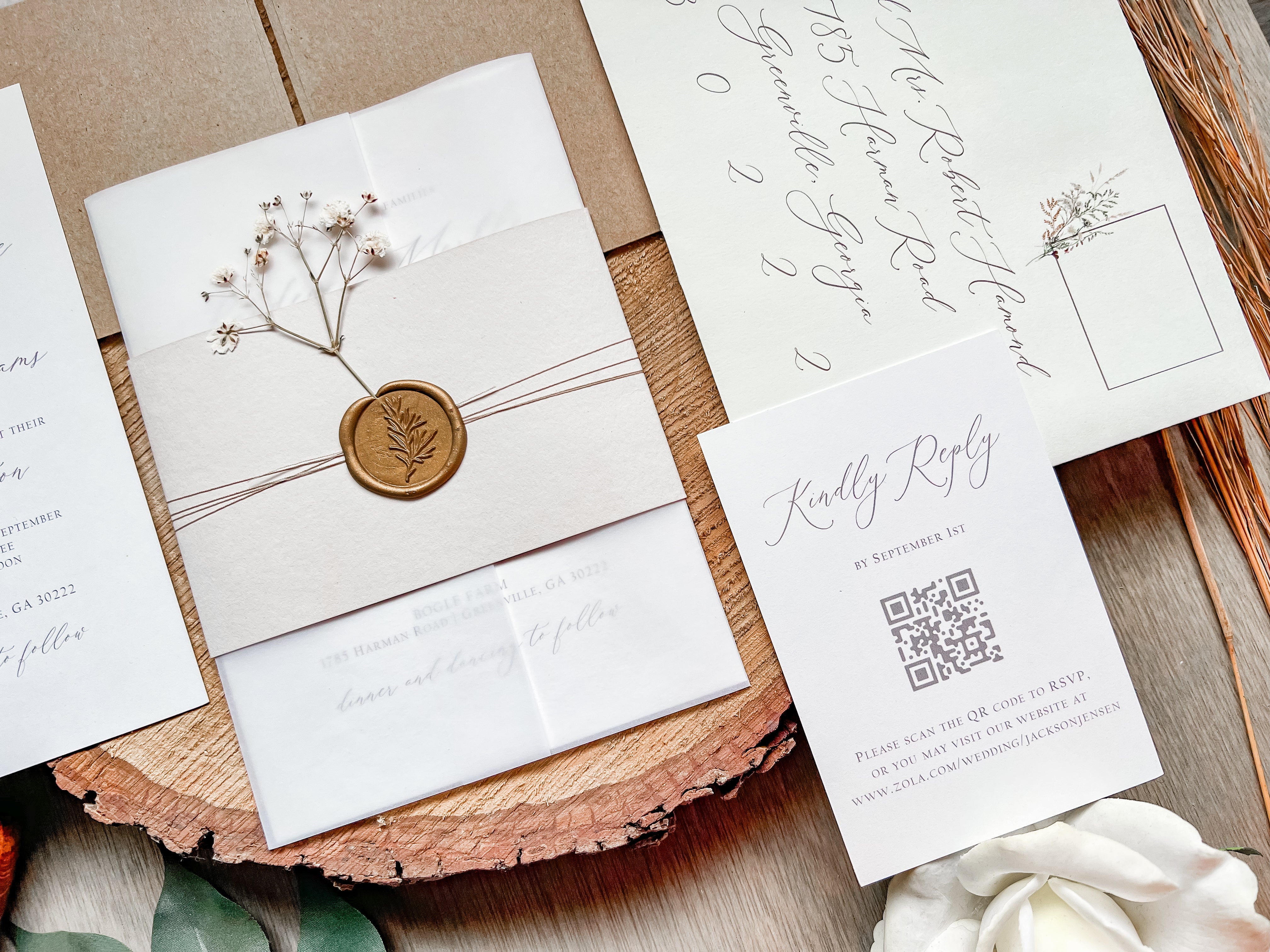 Elegant Wedding Invitation with Baby’s Breath, Beige & Vellum Wrap and Wax Seal