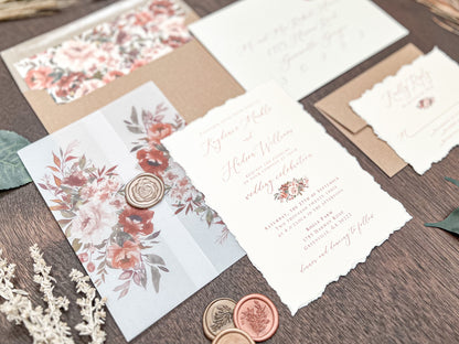 Boho Wedding Invitation with Copper, Rust Burnt Orange Flowers, Deckled Edging, Vellum & Wax Seal