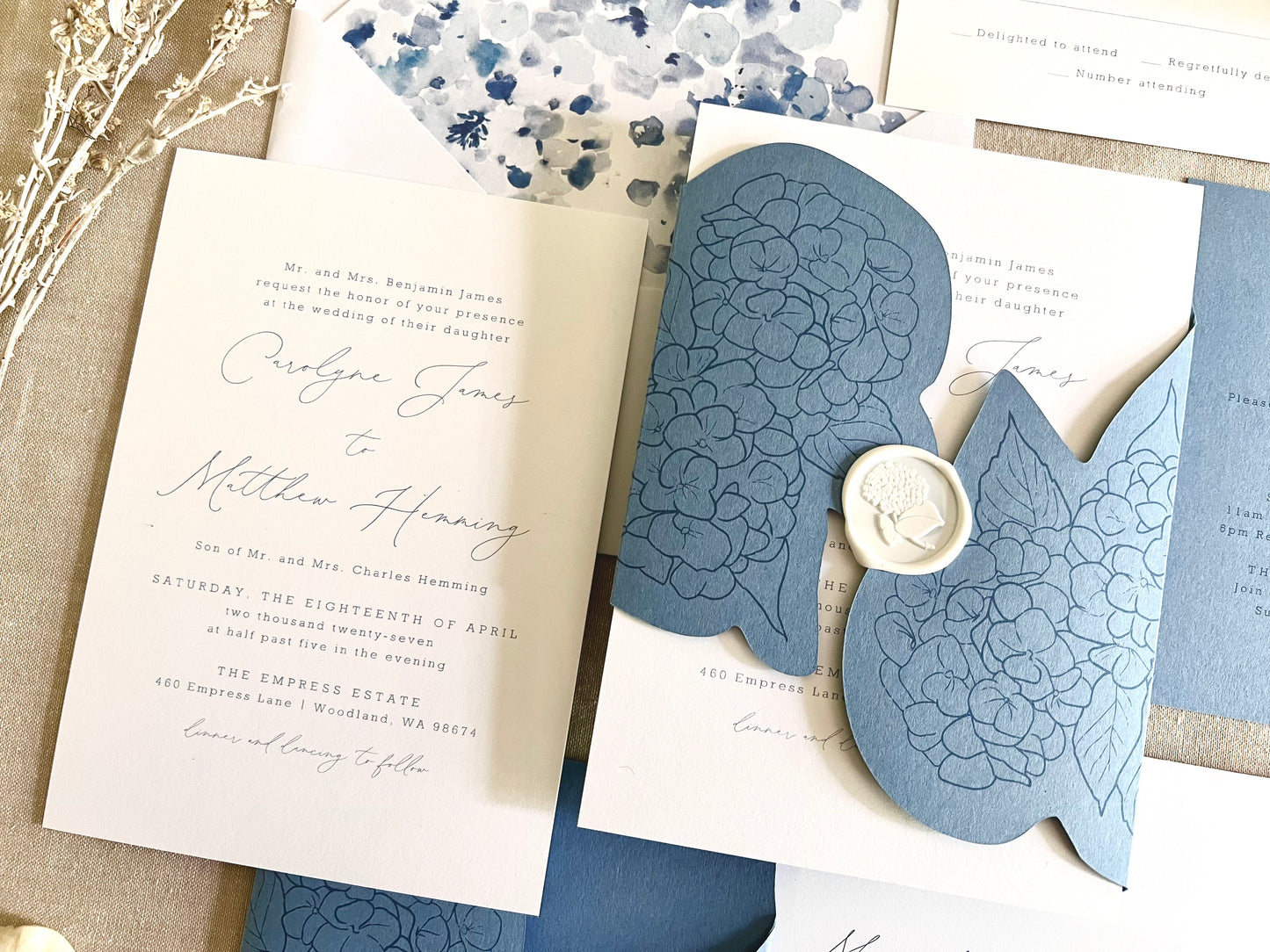 Hydrangea Wedding Invitation with Die Cut Wrap & Wax Seal