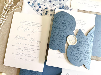 Hydrangea Wedding Invitation with Die Cut Wrap & Wax Seal