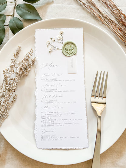 Wedding Menus with Vellum Name Tag, Baby’s Breath and Wax Seal