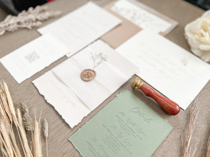 Baby’s Breath Wedding Invitation with Deckled Edging, Baby’s Breath, Vellum Belly Band and Wax Seal