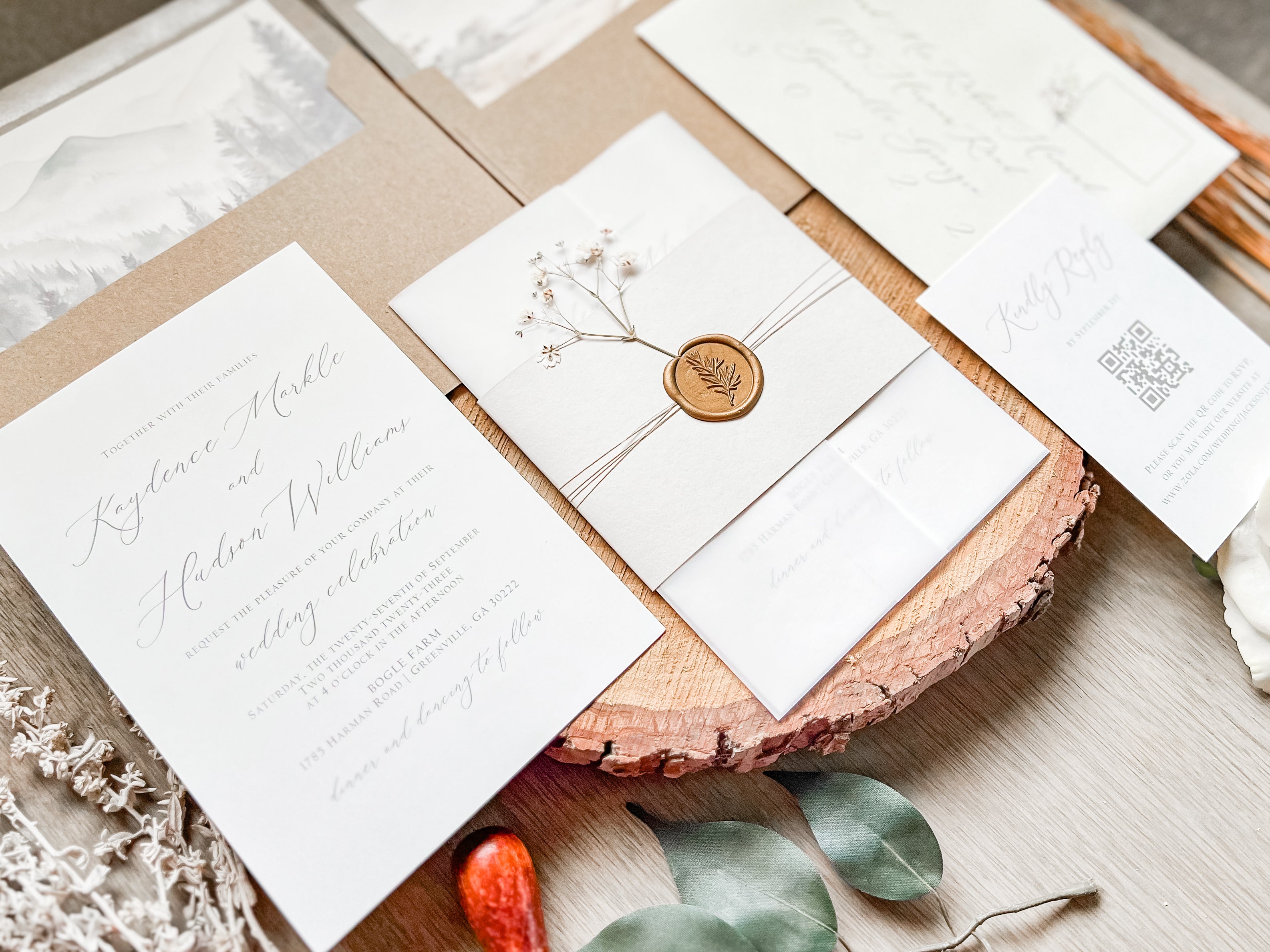 Elegant Wedding Invitation with Baby’s Breath, Beige & Vellum Wrap and Wax Seal