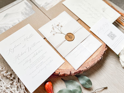 Elegant Wedding Invitation with Baby’s Breath, Beige & Vellum Wrap and Wax Seal