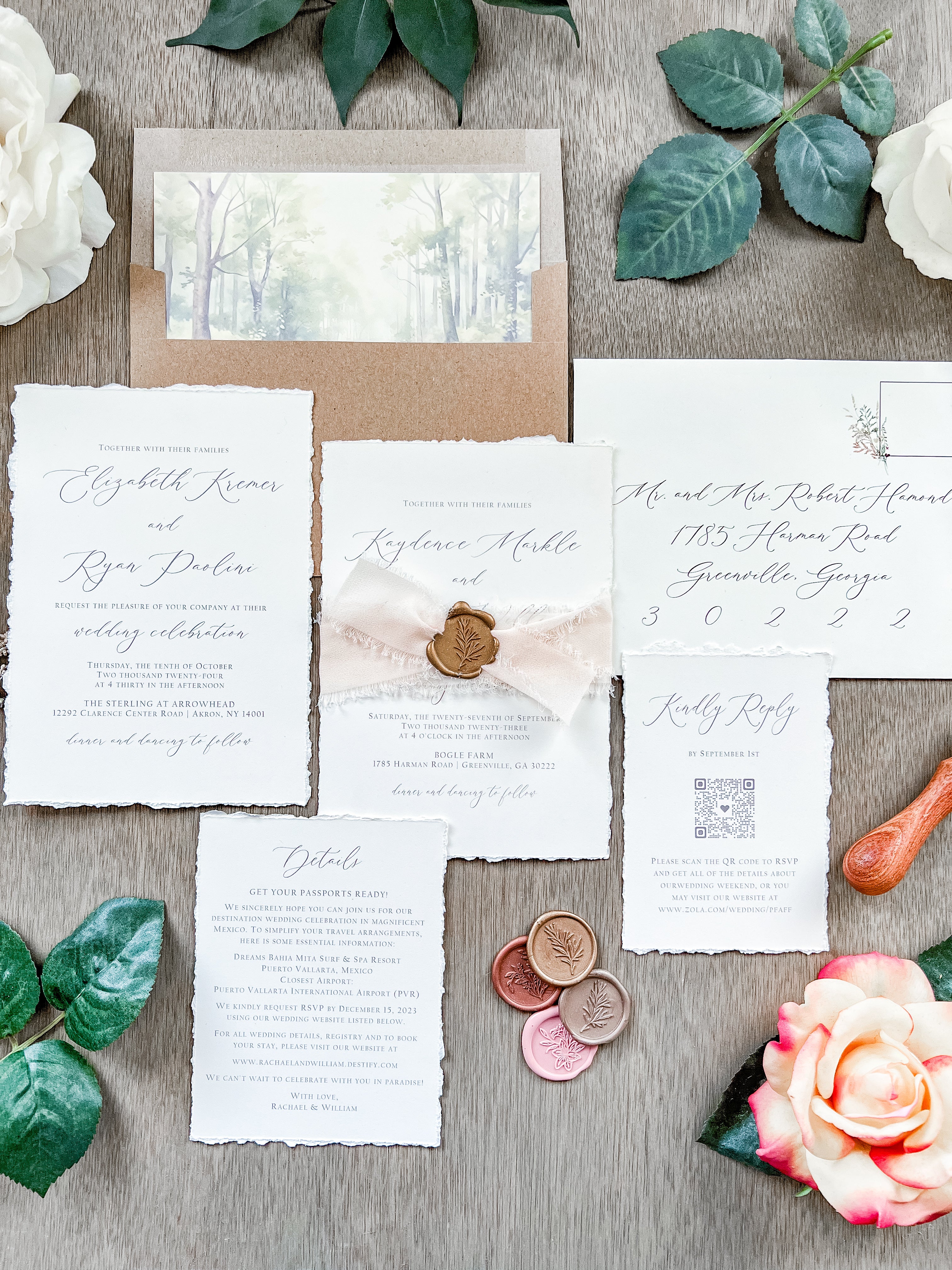 Old Money Wedding Invitation with Deckled Edging, Chiffon Ribbon and Wax Seal