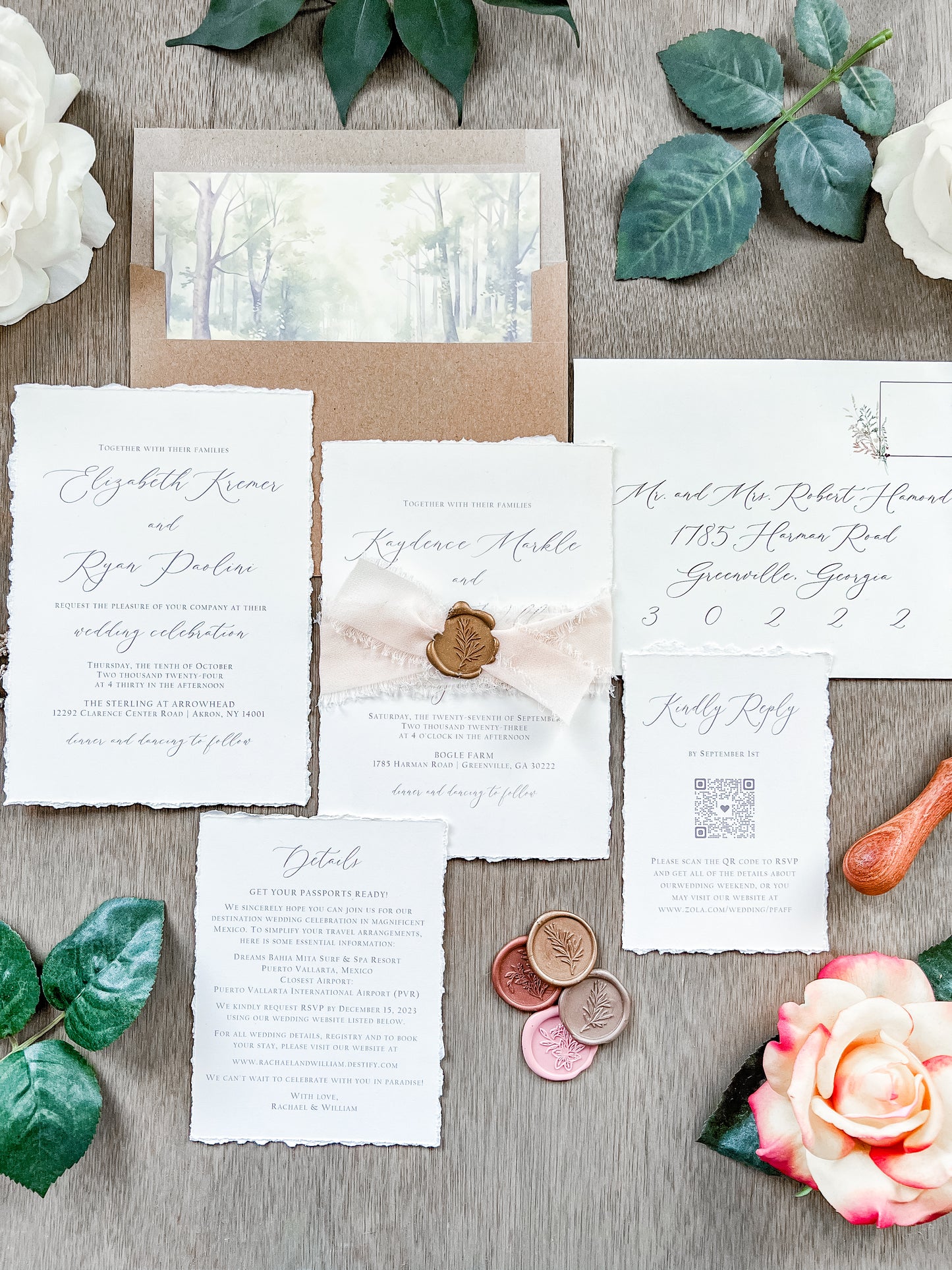 Old Money Wedding Invitation with Deckled Edging, Chiffon Ribbon and Wax Seal
