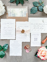 Old Money Wedding Invitation with Deckled Edging, Chiffon Ribbon and Wax Seal