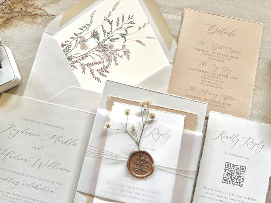 Neutral Baby’s Breath Wedding Invitation with Deckled Edging, Vellum and Wax Seal