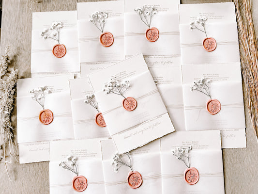Dusty Rose Pink Wedding Invitation with Baby’s Breath, Deckled Edging, Vellum Belly Band and Wax Seal