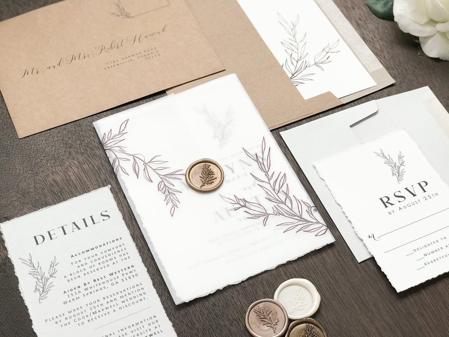 Contemporary Modern Boho Wedding Invitation with Deckled Edging, Vellum and Antique Gold Wax Seal