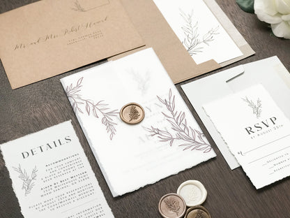 Contemporary Modern Boho Wedding Invitation with Deckled Edging, Vellum and Antique Gold Wax Seal