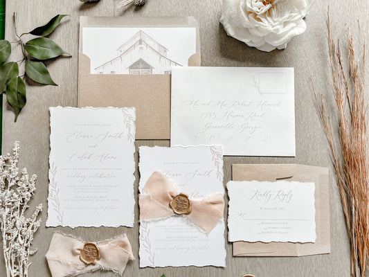 Light Brown Ribbon Wedding Invitation with Deckled Edging, Chiffon Ribbon & Antique Gold Wax Seal