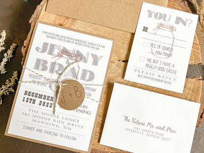 Country Farm Barn Wedding Invitation with Twine and Round Monogram Tag