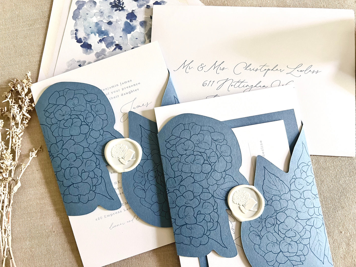 Hydrangea Wedding Invitation with Die Cut Wrap & Wax Seal