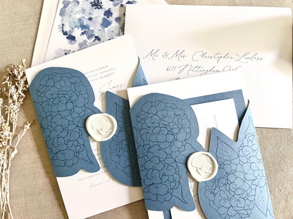 Hydrangea Wedding Invitation with Die Cut Wrap & Wax Seal