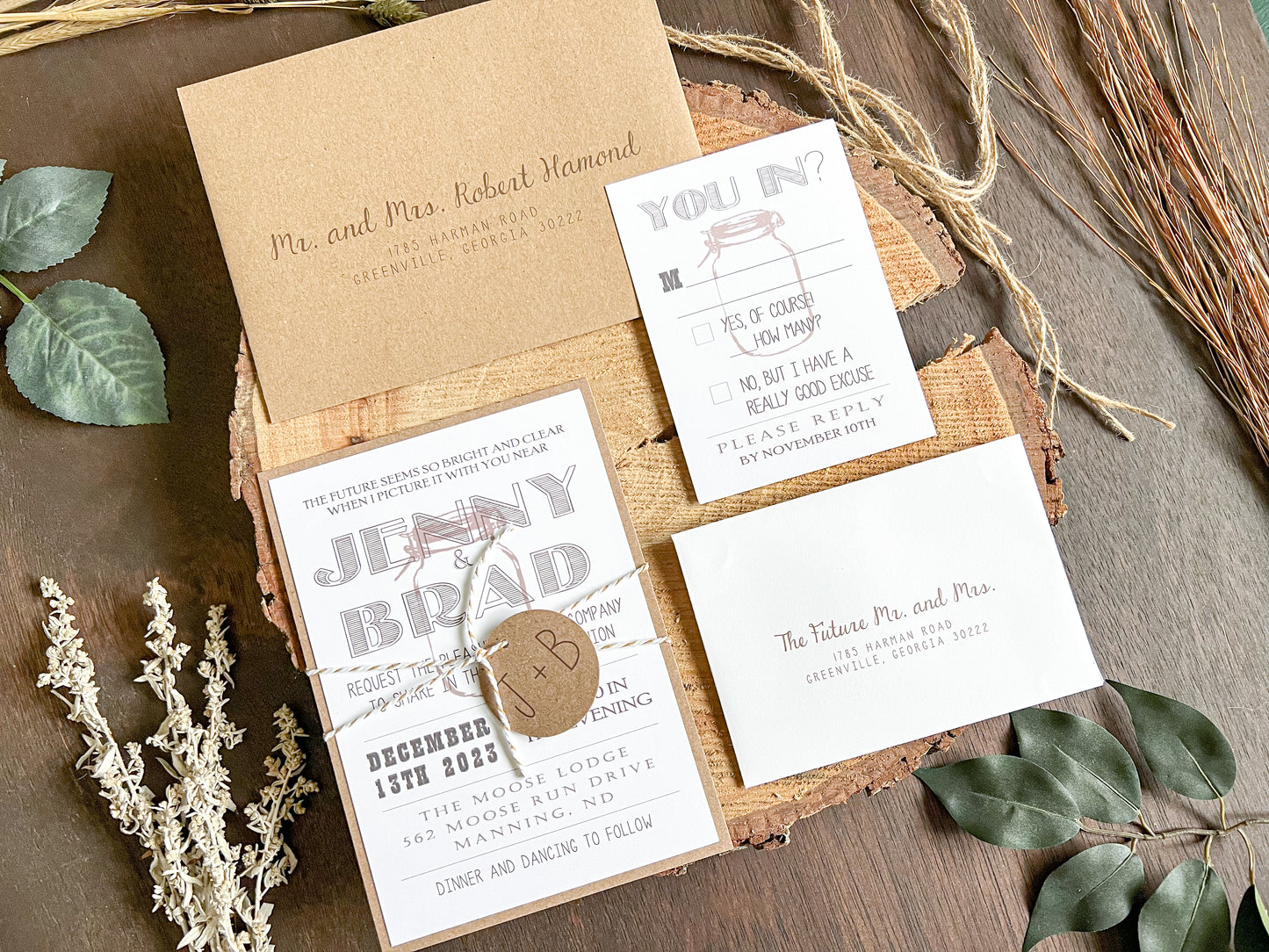 Country Farm Barn Wedding Invitation with Twine and Round Monogram Tag
