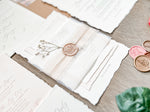 Neutral Wedding Invitation with Deckled Edging, Vellum Belly Band, Chiffon Ribbon, Dried Baby’s Breath and Wax Seal