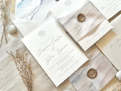 Ocean Waves Beach Wedding Invitation with Vellum & Wax Seal