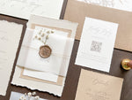 Elegant Beige Baby’s Breath Wedding Invitation with Deckled Edging, Vellum Belly Band and Wax Seal