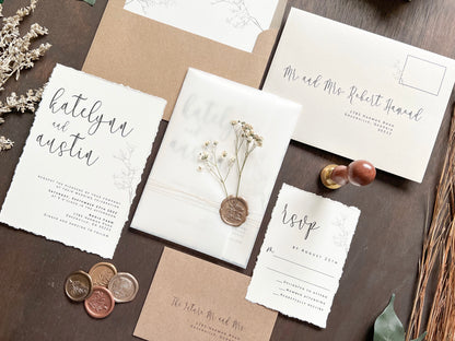 Baby’s Breath Wedding Invitation with Deckled Edging, Vellum Wrap and Wax Seal