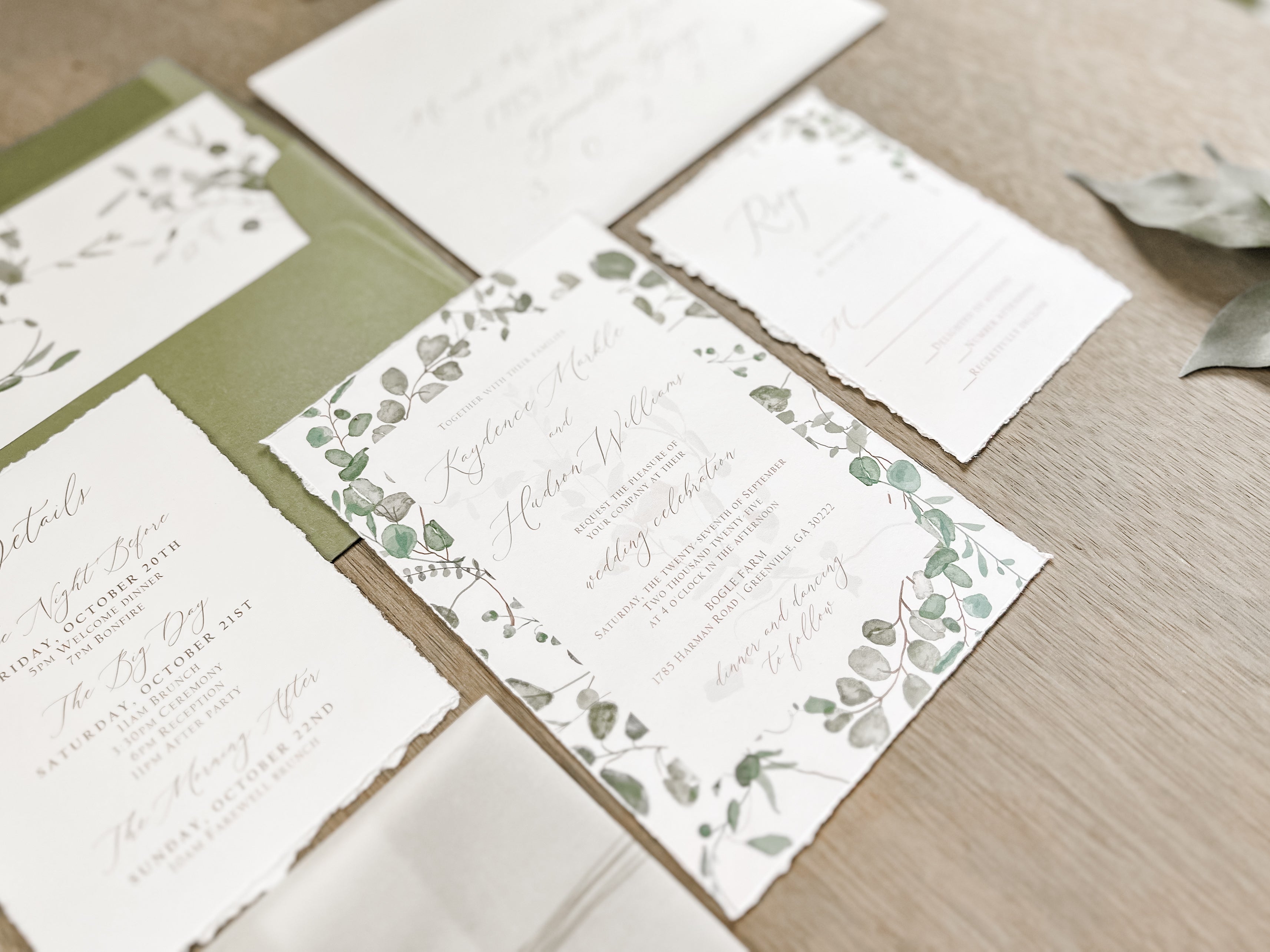 Eucalyptus Greenery Wedding Invitation with Deckled Edging, Vellum Belly Band and Wax Seal
