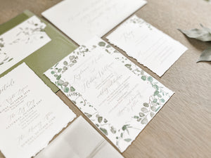 Eucalyptus Greenery Wedding Invitation with Deckled Edging, Vellum Belly Band and Wax Seal