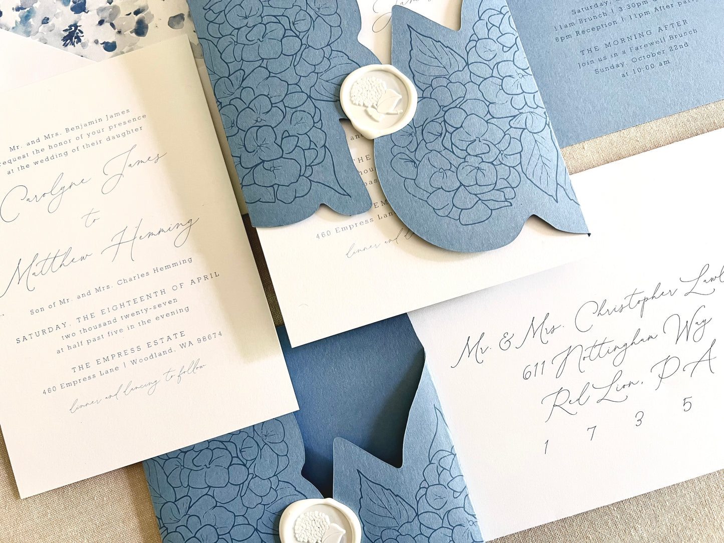 Hydrangea Wedding Invitation with Die Cut Wrap & Wax Seal
